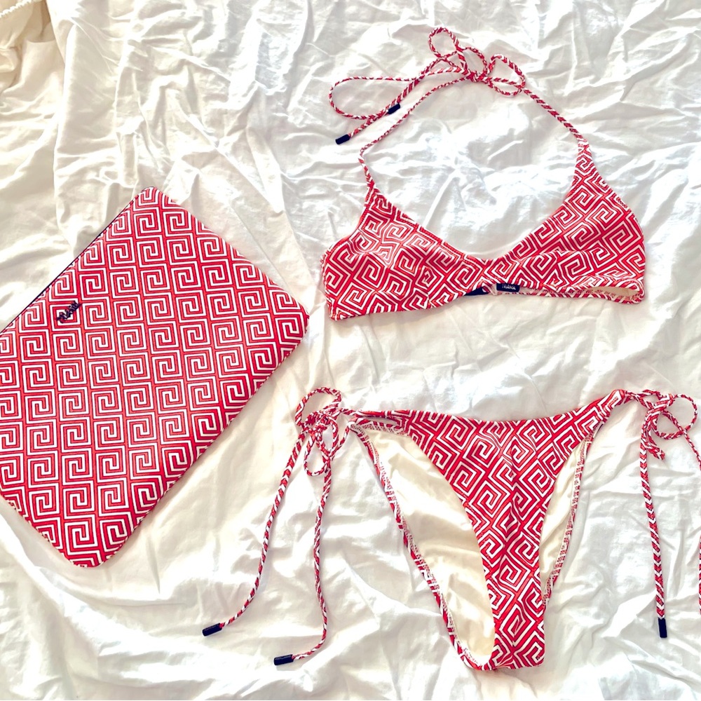 Triangl - triangle bikini, M, red pattern black metal hardware w/ matching bag